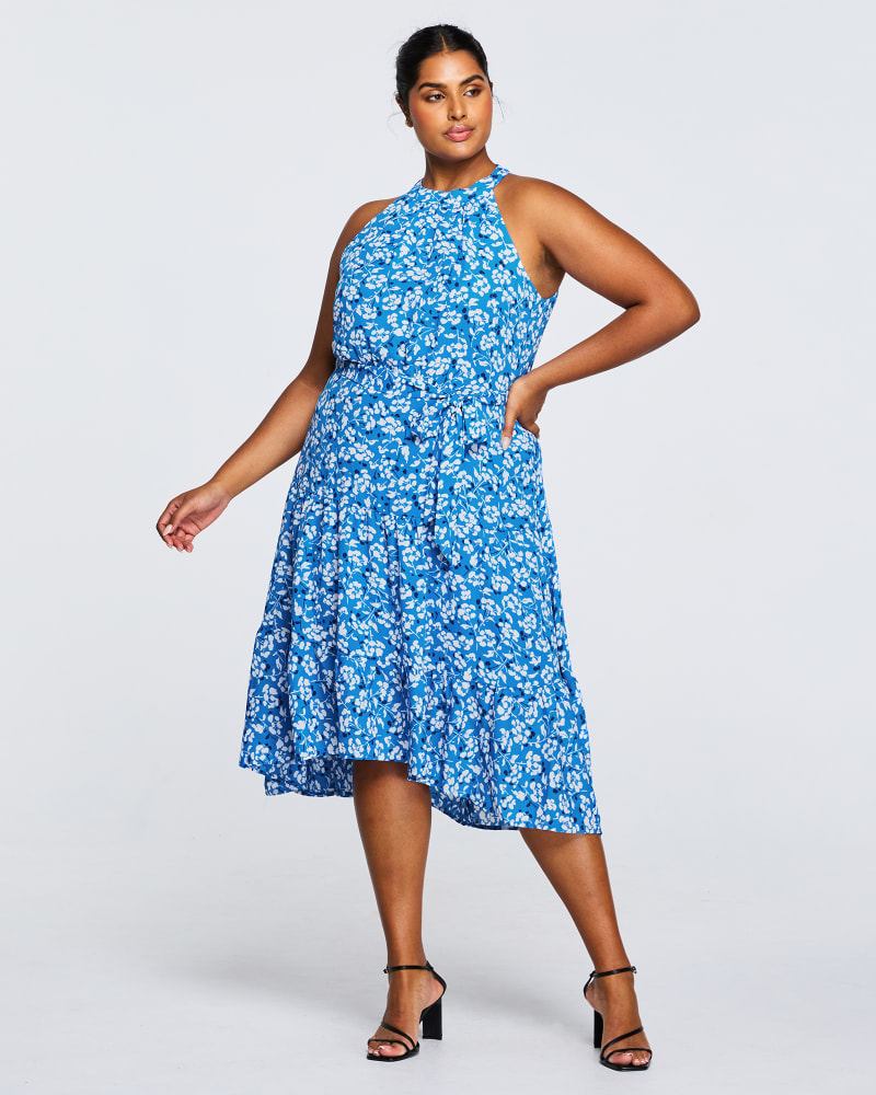 Side of a model wearing a size 3X Catania Halter Dress in Blue/Milk by Estelle. | dia_product_style_image_id:283518